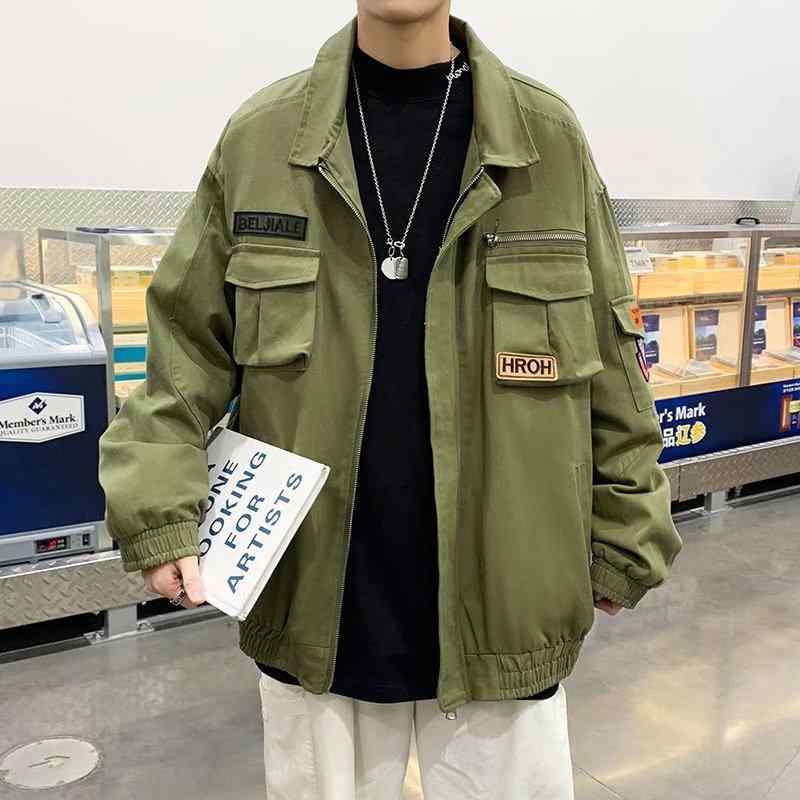 ジャケット メンズ 男性用 ブルゾン ジャンパー ワークウェア 韓国風 カジュアル 野球服 スタジャン 春物 防水 防風 リブ 裾 襟付き ポリエステル 黒 ブラック 緑 グリーン 大きいサイズ