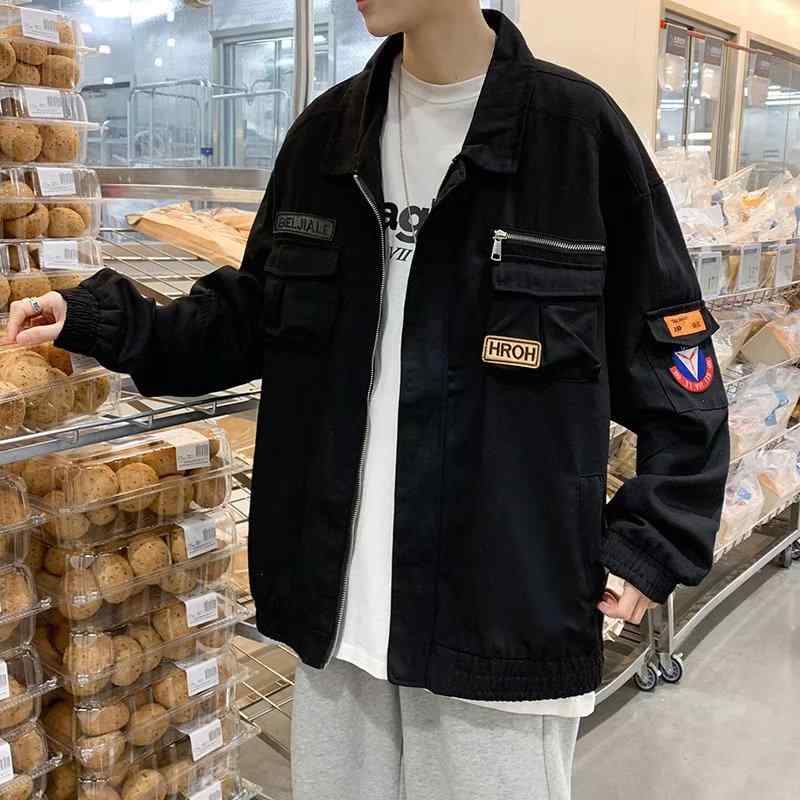 ジャケット メンズ 男性用 ブルゾン ジャンパー ワークウェア 韓国風 カジュアル 野球服 スタジャン 春物 防水 防風 リブ 裾 襟付き ポリエステル 黒 ブラック 緑 グリーン 大きいサイズ