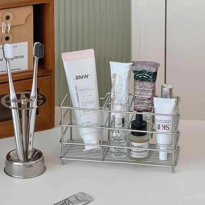 歯ブラシスタンド ステンレス 浴室 洗面所 化粧品収納 バスケット 水切りラック 整理棚