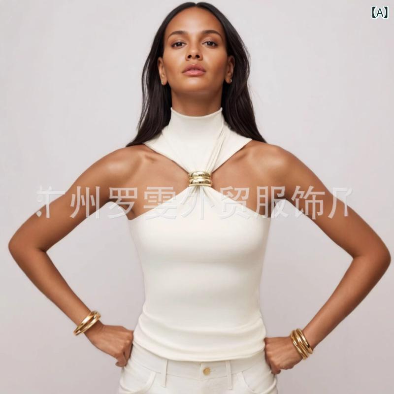 Tシャツ レディース ノースリーブ トップス カットソー ポリエステル 高ネック スリムフィット 春夏 米..