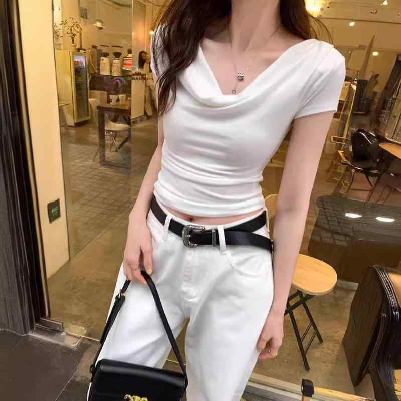 Tシャツ レディース 半袖 ショート丈 露出 肩出し スリムフィット 無地 トップス ストリート 普段使い 部屋着 ブラウン ホワイト ブラック イエロー ピンク系