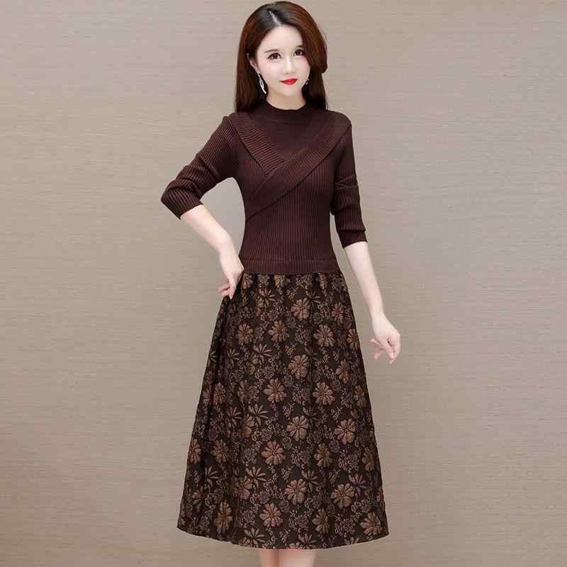 ニットワンピース レディース 秋冬 立襟 毛糸 切り替え ジャカード Aライン 膝下丈 コーヒー色 ブラッ..