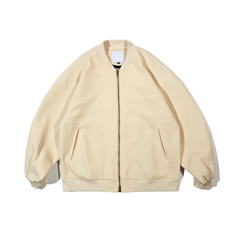 ジャケット 男性用 ワッフル 厚手 ベースボールジャケット スタンドカラー 無地 ダークグレー 紺 杏色 春秋 カジュアル