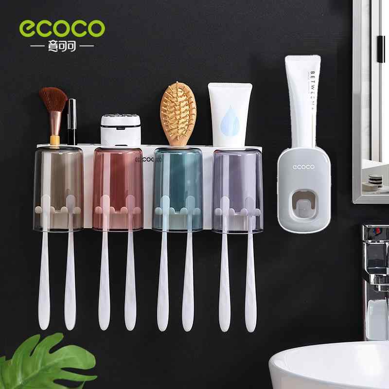 歯ブラシホルダー 壁掛け式 歯ブラシスタンド 歯磨きコップ置き 洗面所 収納 吸盤式 4個 コップ 歯磨き粉ディスペンサー 黒白 グレー白