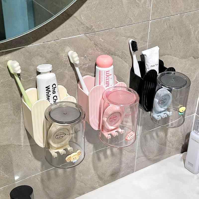 歯ブラシスタンド &amp; コップ置き 壁掛け式 歯ブラシホルダー 洗面所 収納 ピンク系 2