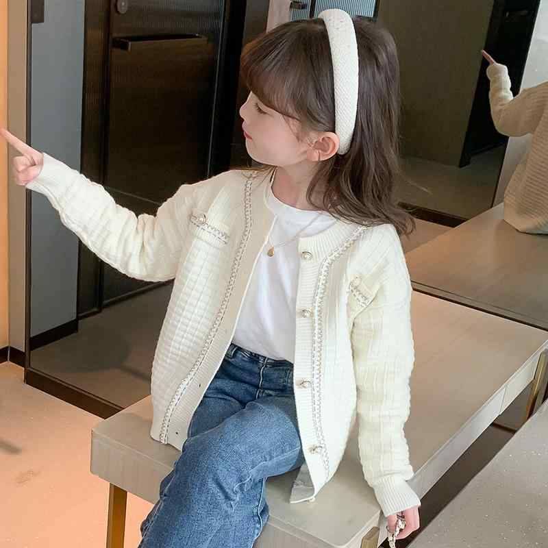 ニットカーディガン ガールズ 春秋 女の子 子供服 ニットセーター アウター ミドル丈 ロングスリーブ 長袖 丸首 襟なし フロントボタン 普段使い かわいい 韓国風 アイボリー
