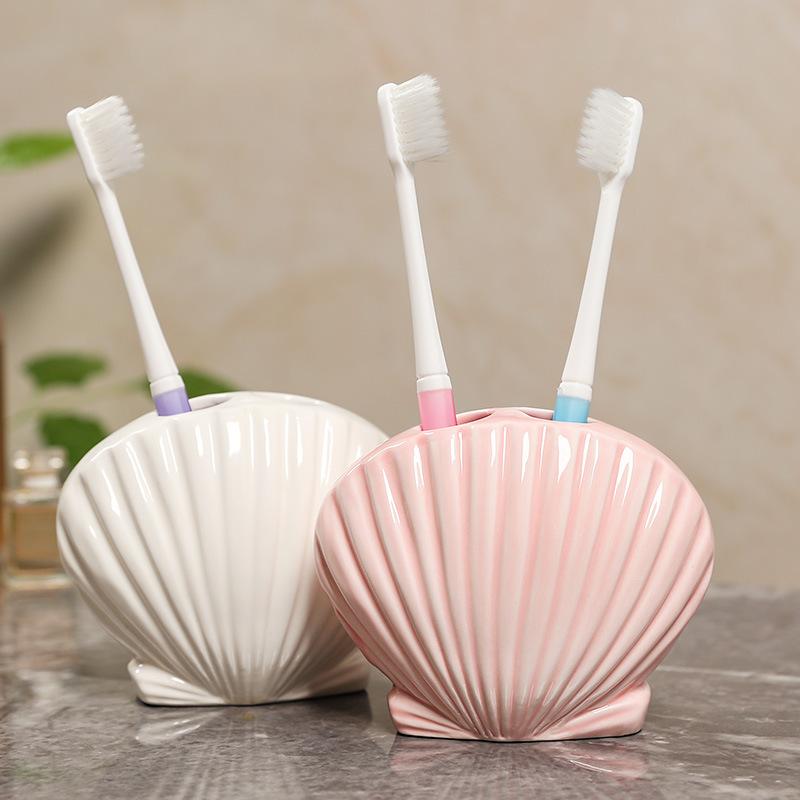 歯ブラシスタンド 子供用 かわいい カートゥーン シェル 貝殻 歯ブラシホルダー 洗面台 収納 陶器製 ピンク ホワイト系