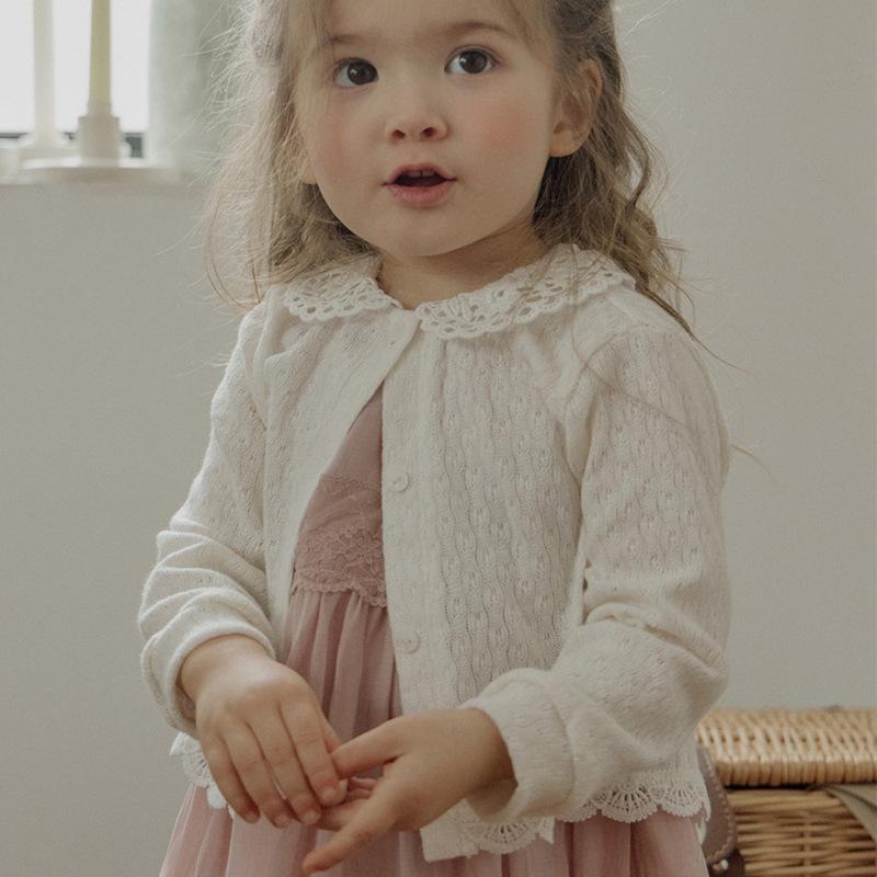 カーディガン ガールズ 子供服 ニット レース 春秋 女の子 かわいい 薄手 長袖 コットン 綿100 90 100 110 120 130 140 150 パープル ベージュ系