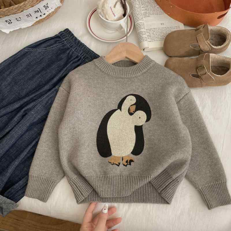 子供服 ニット 厚手 ゴマ柄 セーター ペンギン プリント かわいい 丸首 トップス 秋冬 長袖 男の子 女..