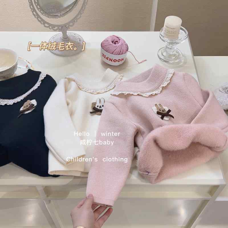 子供用ニット セーター ガールズ ベビー 厚手 裏起毛 あったか 冬 プルオーバー トップス 無地 ピンク..