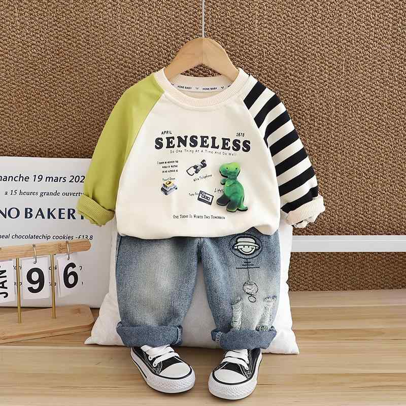 子供用セットアップ キッズ 男女兼用 秋物 長袖 スウェット 上下セット かわいい 恐竜プリント 緑 黒 綿混紡 80cm 90cm 100cm 110cm 120cm