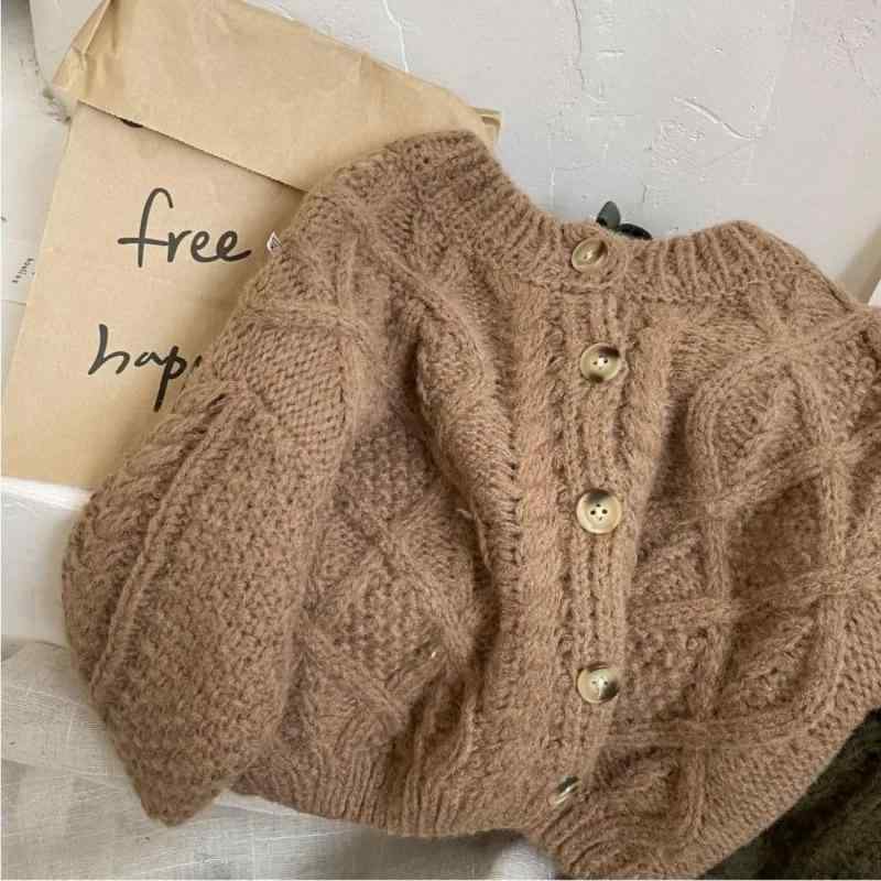 ニットカーディガン キッズ 子供服 女の子 春秋 薄手 韓国風 長袖 丸首 ケーブル編み ミリタリーグリー..