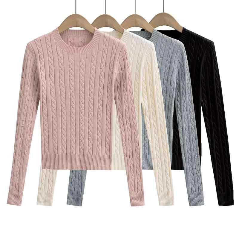 Short Sleeve Knit - ニット レディース 早春 長袖 丸首 ケーブル編み ウール混紡 スリム トップス インナー ブラック アイボリー ピンク系 花灰色 きれいめ 通勤