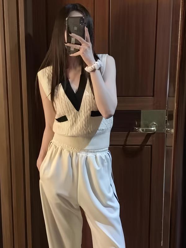 ニット レディース Vネック レトロ 麻花柄 ノースリーブ トップス サマーニット ベスト ビスコース 韓国風 カジュアル 杏色 ブルー