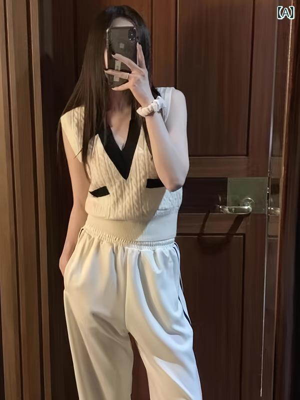 シャドーテールのニット レディース Vネック レトロ 麻花柄 ノースリーブ トップス サマーニット ベスト ビスコース 韓国風 カジュアル 杏色 ブルー｜アングル2