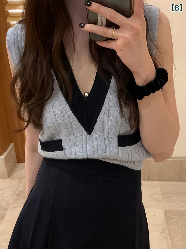 シャドーテールのニット レディース Vネック レトロ 麻花柄 ノースリーブ トップス サマーニット ベスト ビスコース 韓国風 カジュアル 杏色 ブルー｜アングル3