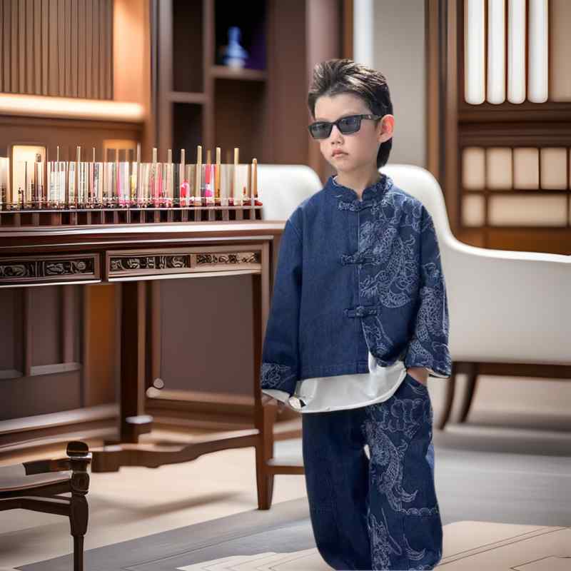 子供用セットアップ デニムジャケット &amp; 唐装パンツ 男の子 新中式スタイル 2点セット 秋季 90cm 1..