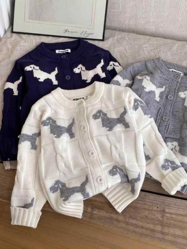子供服 ニット カーディガン 秋冬 男の子 女の子 カジュアル 柔らかい 犬柄 ラウンドネック 長袖 コットン 混紡 前開き 普段着