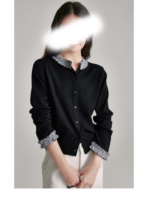 カーディガン レディース 格子柄 ニット トップス 配色 長袖 ゆったり ラウンドネック 通勤 秋 ブラック(4.0)