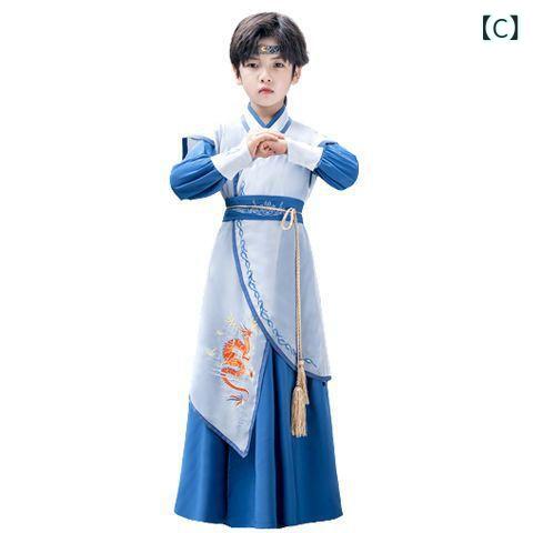 子供用チャイナドレス 男の子 唐装 コスチューム 春秋 中国風 侠客 書生 国学 演出服 ポリエステル 無..