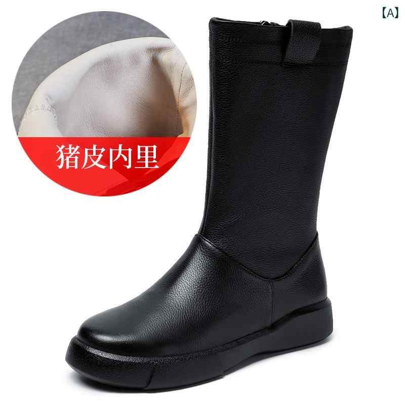 ブーツ レディース 本革 中筒ブーツ 筒高ブーツ ローヒール 秋冬 ラウンドトゥ レザー カジュアル ブラック 黒 全豚革裏地 防滑 履きやすい