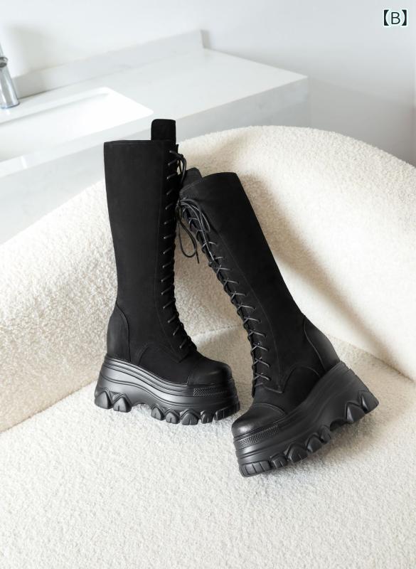 ブーツ レディース 厚底 インヒール 身長アップ ロングブーツ スエード調 秋冬 小柄 高身長見え ジョッキーブーツ ブラック カーキ(4.0)