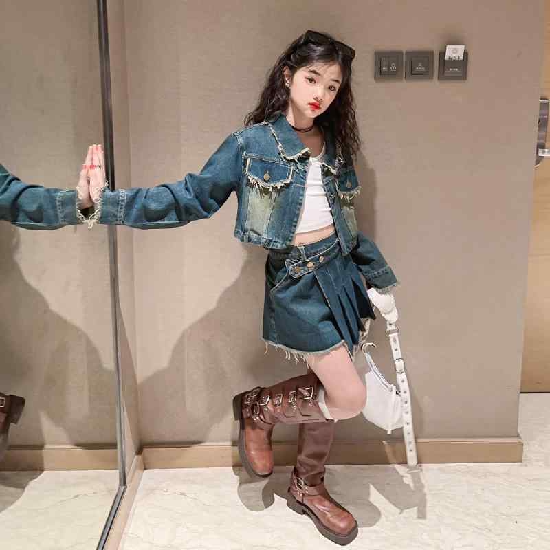子供用セットアップ デニムジャケット デニムスカート ガールズ 上下セット 2点セット 女の子 春秋 長袖 無地 普段着 通学着 120cm 130cm 140cm 150cm 160cm 170cm ブルージーンズ 綿