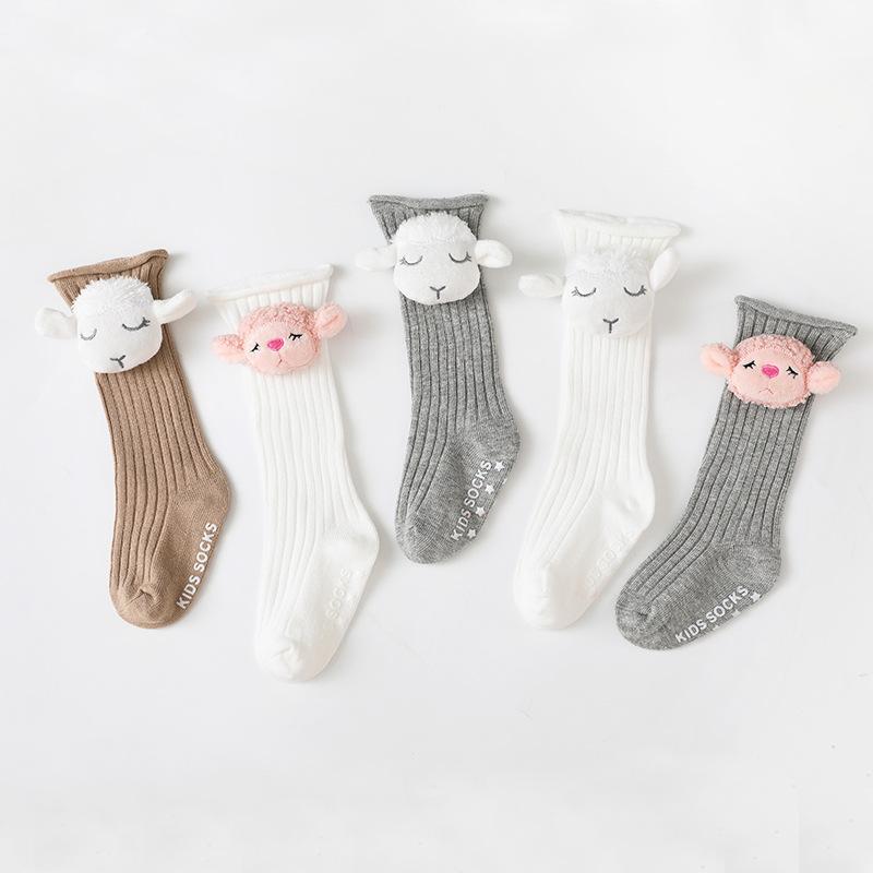 靴下 キッズ ベビー 新生児 ハイソックス 滑り止め付き 精梳綿 通気 吸汗 小羊 立体 春秋 白 グレー ベージュ かわいい