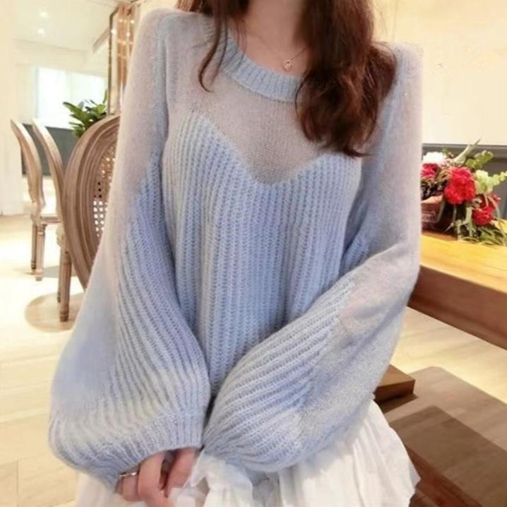 ニット レディース ランタンスリーブ ケーブル編み セーター トップス 長袖 ゆったり 薄手 杏色 ブルー ピンク系 秋冬