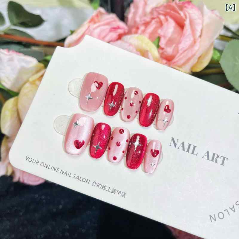 付け爪 レディース ネイルチップ ショート ハート 波模様 水玉 猫目風 赤色系 かわいい 爆 আলো閃 INS風 手作り 取り外し可能 XS S M L