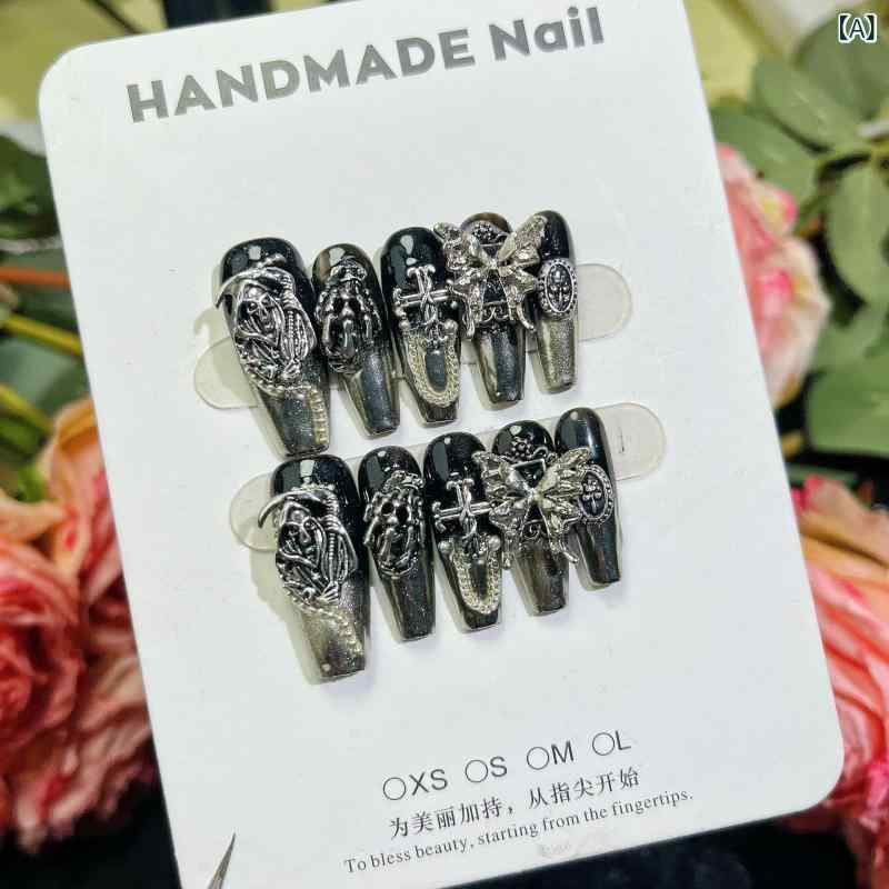 ネイルチップ レディース 付け爪 グラデーション 黒 ブラック ロック パンク ゴシック かわいい おしゃれ 短め 普段使い イベント デート パーティー(4)