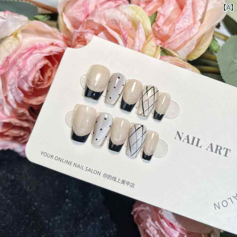 つけ爪 レディース 黒 金 ブラック フレンチ 波ドット ひし形 格子柄 ネイルチップ 短め ミディアム ロング 手作り かわいい ギャル ジェルネイル風