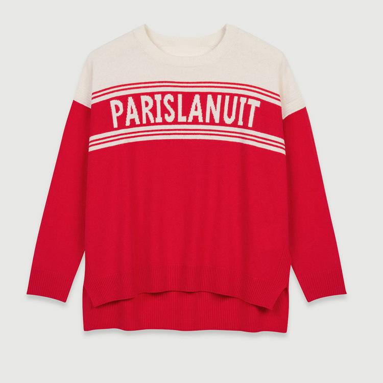 ニット レディース 秋冬 長袖 丸首 学院風 字母 ゆったり 羊毛 トップス 赤色 通勤 普段使い かわいい