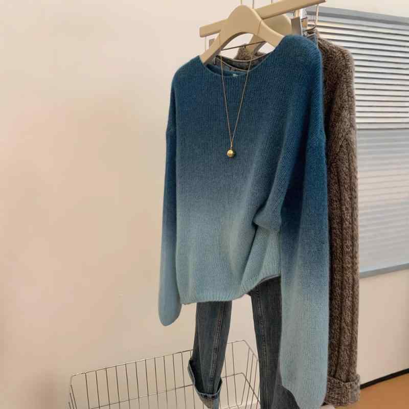 ニット レディース グラデーション グリーン レトロ プルオーバー ゆったり 羊毛 カシミヤ混 秋冬 薄手 ニット トップス 韓国風 ファッション カジュアル かわいい きれいめ 上品 高級感 デイリー(4.0)