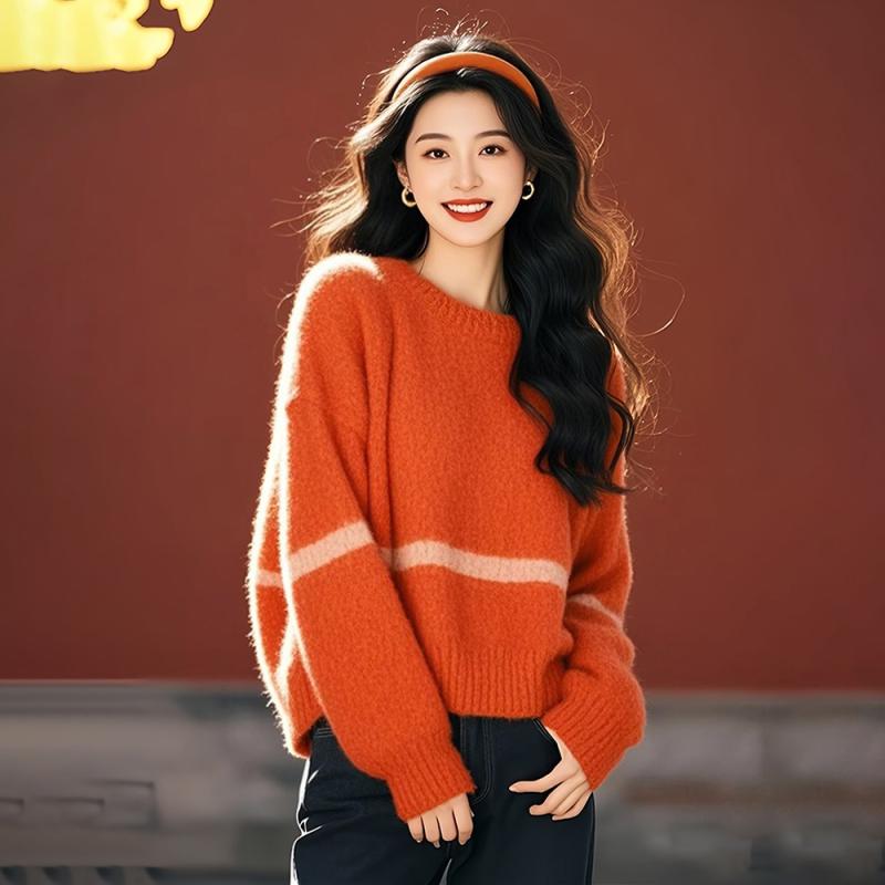 ニット レディース 橘色 ゆったり 厚手 ラウンドネック プルオーバー トップス 秋冬 ドーパミン 着心地 粘胶纤维