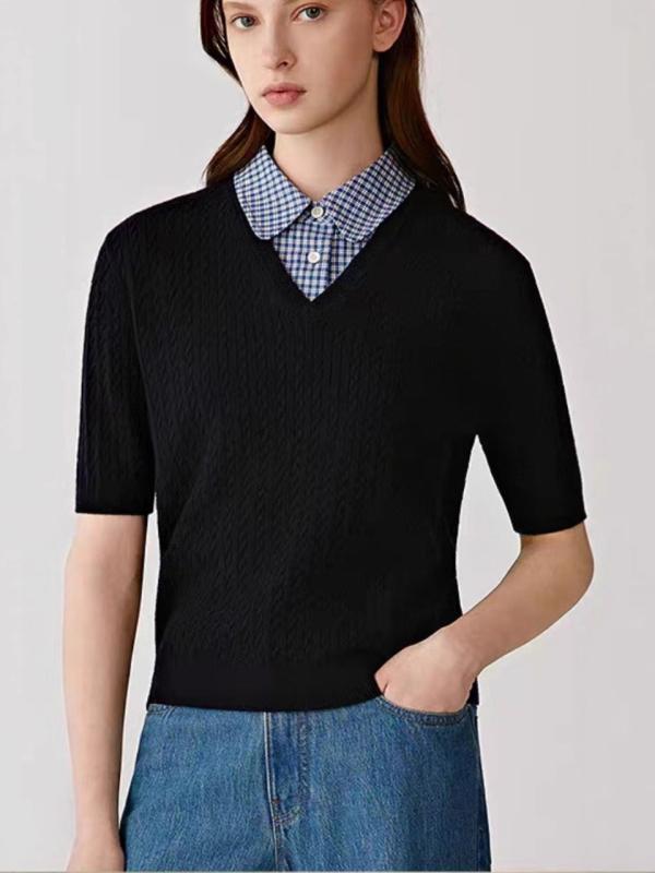 Three-Quarter Knit - ニット レディース 半袖 S M L XL 紺色 白 格子柄 通勤 薄手 セーター トップス プルオーバー 丸首 ウール 秋