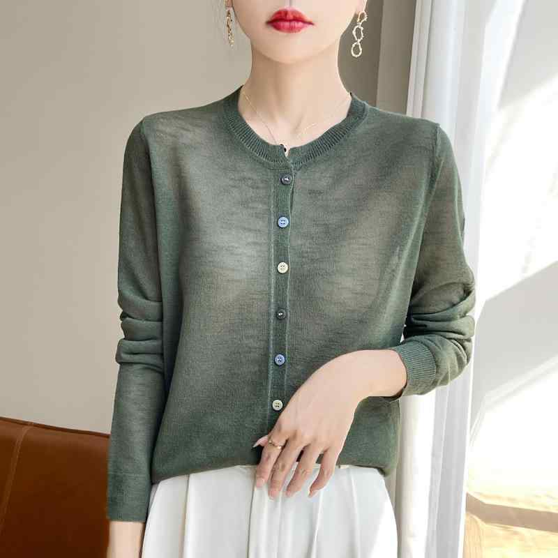 カーディガン レディース 薄手 ニット 春夏 長袖 冷房対策 アウター 竹節麻 無地 ラウンドネック 桃ピンク 燕麦色 ブルーグリーン グレー ブラック 通勤