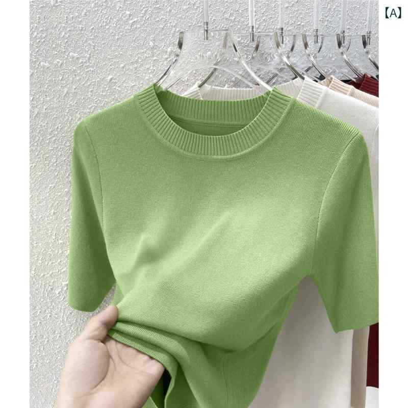 ニット レディース トップス 五分袖 サマーニット カットソー 春夏 薄手 無地 ラウンドネック 通勤 き..