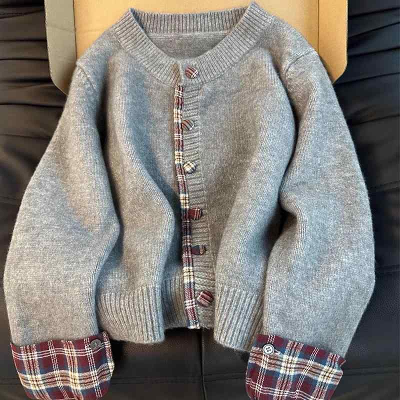 ニット レディース カーディガン 春 秋冬 格子柄 切り替え ラウンドネック 長袖 普段使い ゆったり かわいい グレー レッド系