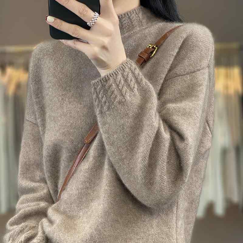 Rakuten - ニット・セーター レディース 秋冬 ハーフネック ウール カシミヤ ブークレニット プルオーバー トップス 長袖 無地 きれいめ 通勤 オフィス カジュアル 上品 エレガント 原絨米 原絨駝 焦糖色 洋気紫 新豆緑