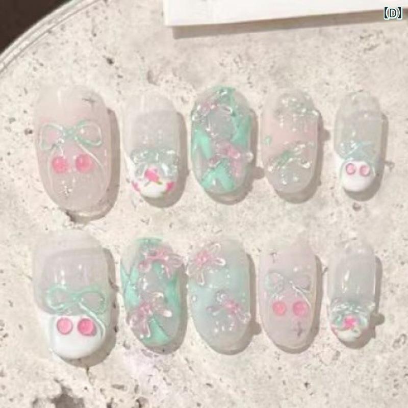 つけ爪 レディース 春夏 ミント 清楚系 さくらんぼ インスタ風 韓国風 かわいい おしゃれ 普段使い デート ブライダル 旅行