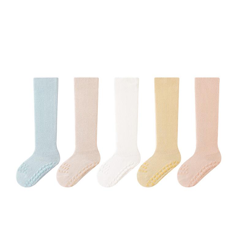 靴下 ベビー 赤ちゃん 新生児 ハイソックス 滑り止め付き 春秋 綿 無地 イエロー ベージュ ピンク ブルー カーキ