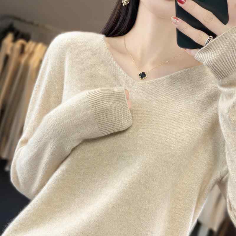 ニット レディース Vネック プルオーバー 秋冬 ウール セーター カシミヤ トップス アンダーウェア 羊毛 公主袖 ゆったり ミディアム丈 きれいめ 上品 かわいい Vネック 原绒米 黄驼色 紫绒驼 浅紫 暖白色 爱玛橙 树莓红 祖母绿 深紫 ブラック
