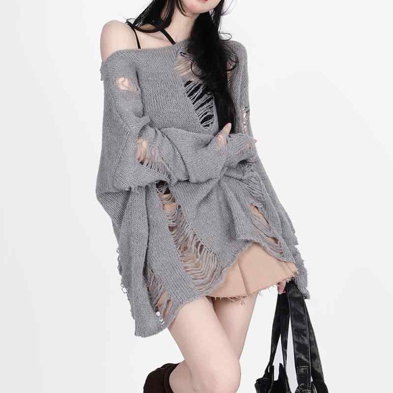 ニット レディース サマーニット 長袖 薄手 カットソー 接触冷感 チュニック 韓国風 トップス ゆったり ドロップショルダー ダメージ加工 無地 ラウンドネック カジュアル ストリート ホワイト グレー