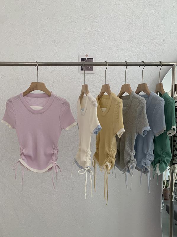 ニット レディース 半袖 ラウンドネック 切り替え トップス 春夏 竹節麻 ゆったり 普段使い 薄手 修身 杏色 紫色 グレー ボーダー