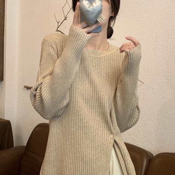 Three-Quarter Knit - ニット レディース 春 秋 セーター 丸首 ノースリーブ チュニック 重ね着 レイヤード 無地 きれいめ かわいい エレガント ベージュ グリーン