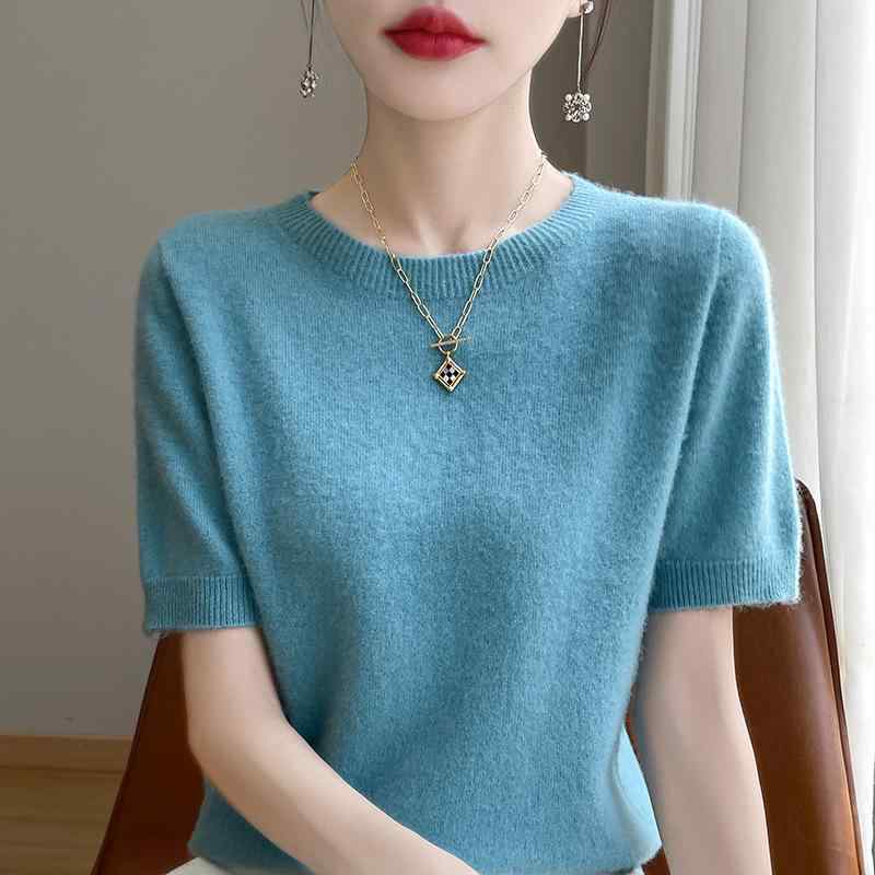 ニット レディース 秋冬 ウール混紡 セーター トップス 長袖 プルオーバー ラウンドネック ショート丈 ゆったり 無地 きれいめ 通勤 オフィス カジュアル 原絨米 原絨駝 蜜桃ピンク ラズベリーレッド ホワイト ブラック 晴空ブルー レモン緑 浅燕麦