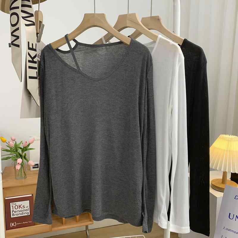 Tシャツ レディース Vネック 無地 長袖 接触冷感 カットソー 薄手 韓国風 ゆったり シルエット 黒 白 グレー