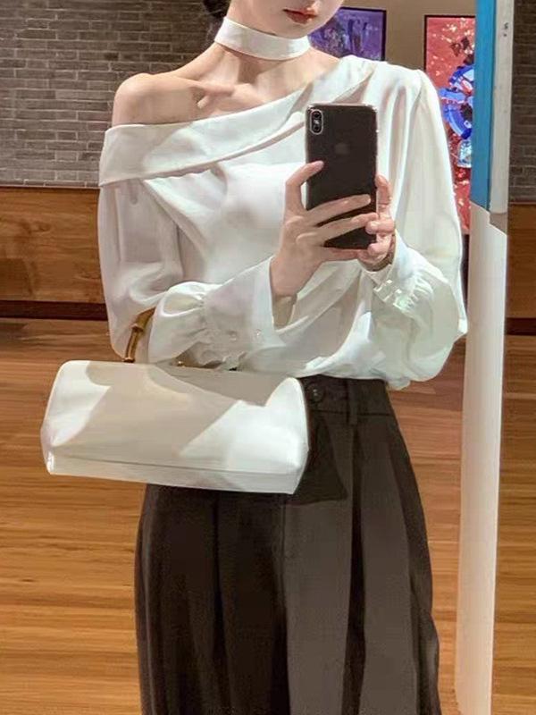 シャツ レディース 早秋 接触冷感 接触冷感 一文字ネック ゆるシルエット 長袖 ポリエステル サテン 無地 トップス ブラウス オフショルダー ホワイト ブラック