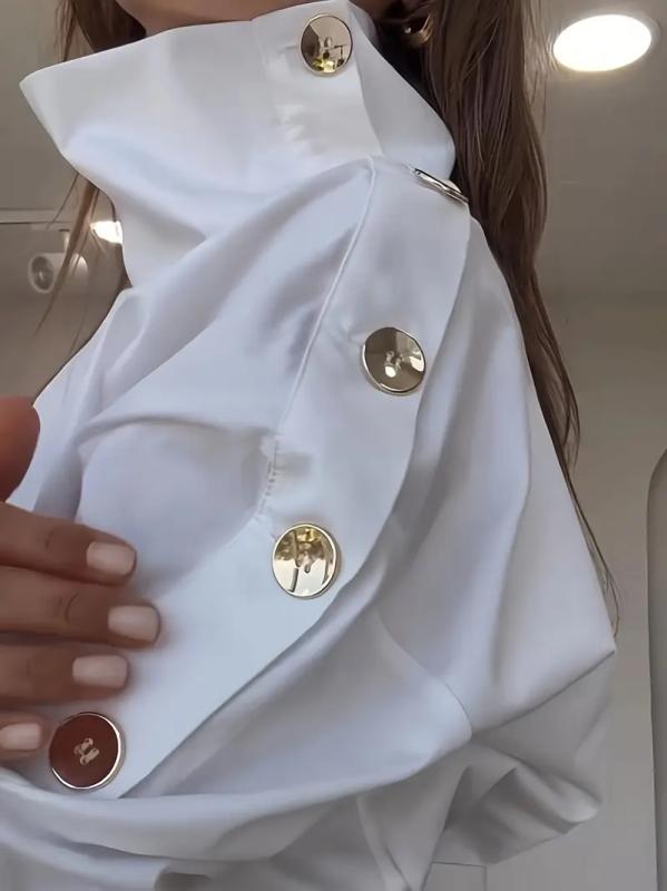 シャツ レディース 秋冬 長袖 ポリエステル ゴールドボタン付き ハイネック 2WAY オフショルダー トップス ストリート カジュアル